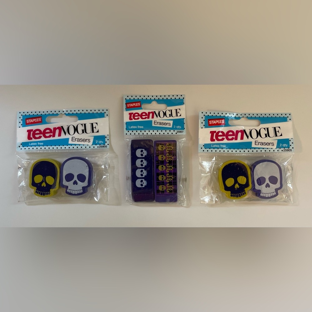 Staples Teen Vogue Set of 3 Skulls & Skeleton Heads Purple & Red Erasers